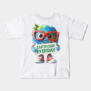 Earth Day Every Day Cute Earth Wearing Red Glasses and Sneakers Kids T-Shirt